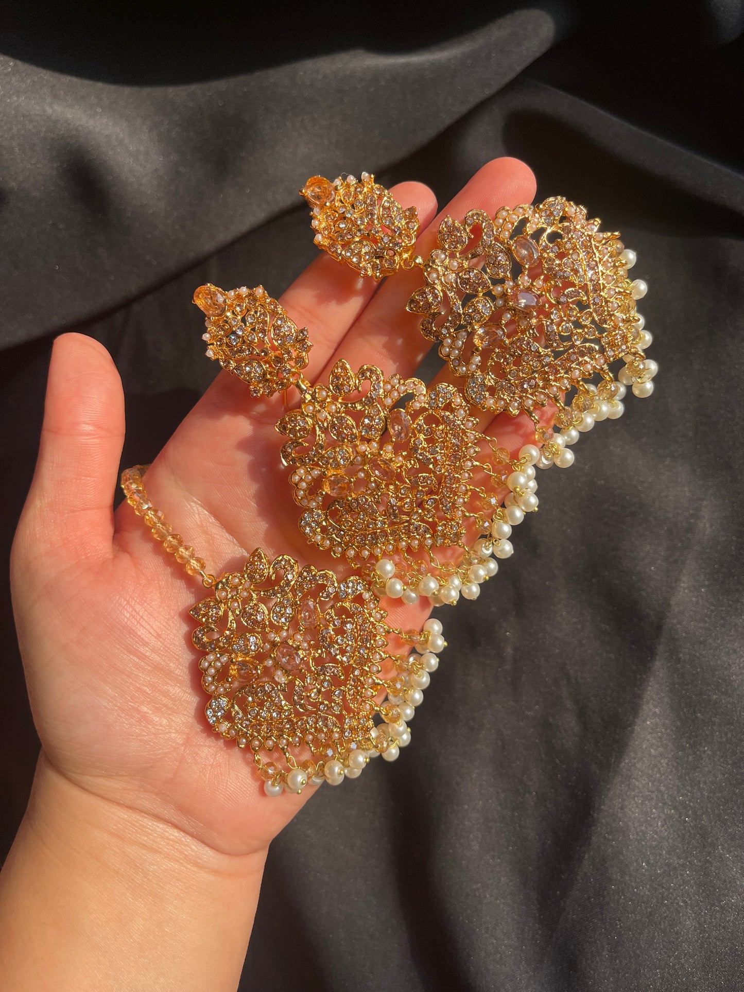Golden Grace Pearl Drop Earrings and Bindiya Set