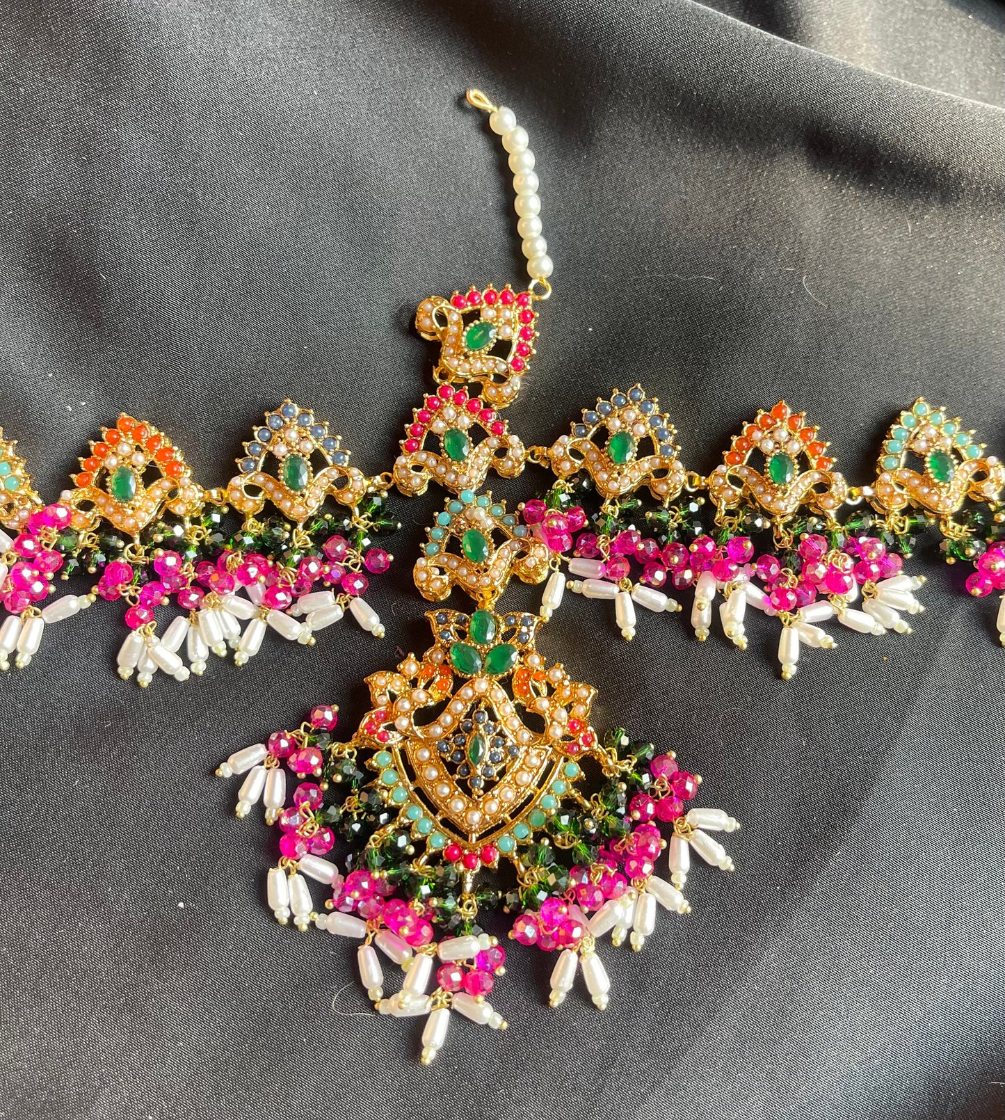 Rangila Mathapati – Gold-Plated with Green, Pink & Pearl Stones