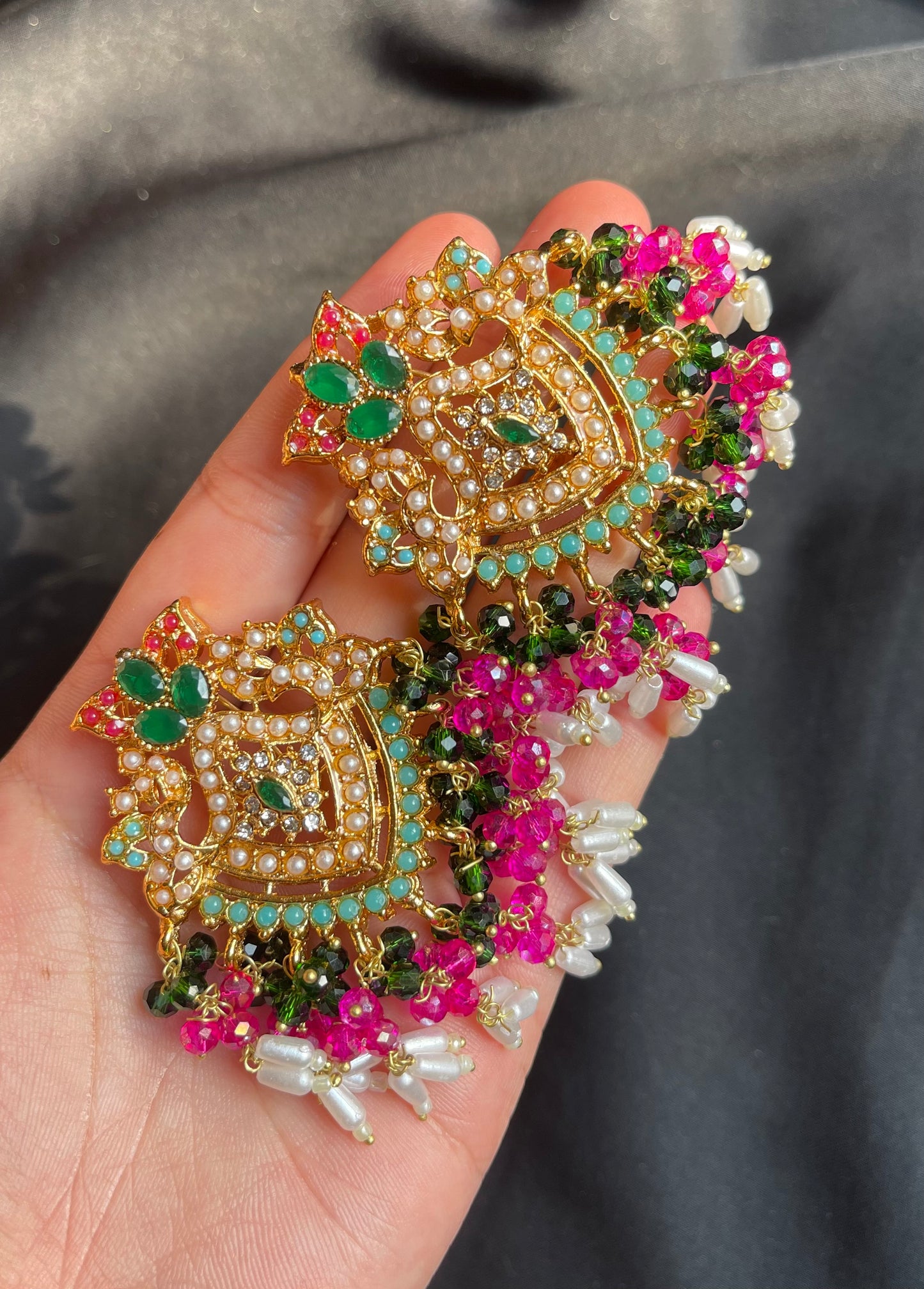 Saanvi Gold-Plated Tops – Pink & Ferozi Stones with Multicolor Pearls