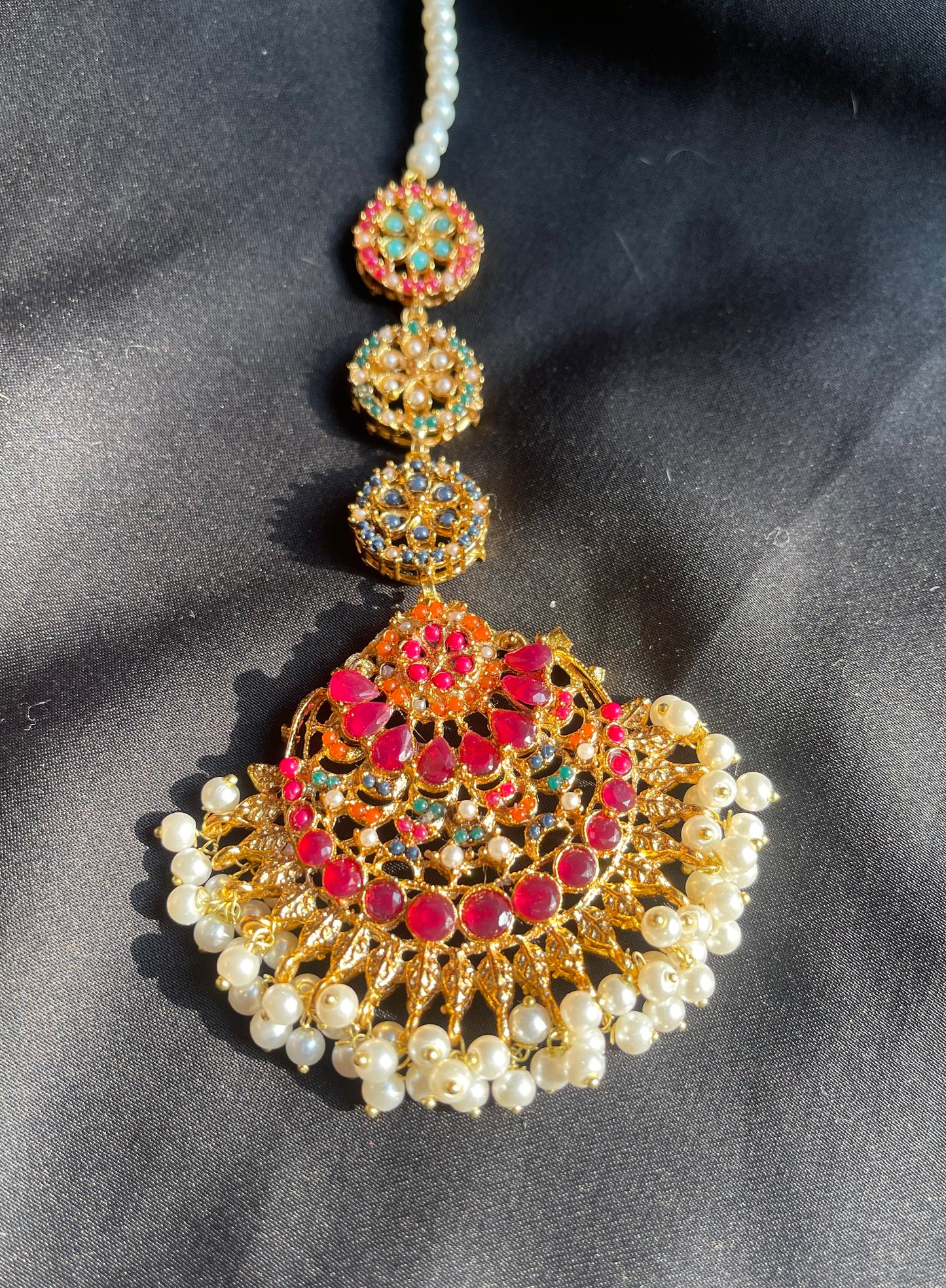 Blush Bloom Gold-Plated Earrings & Bindiya Set – Ruby Pink & White Pearls