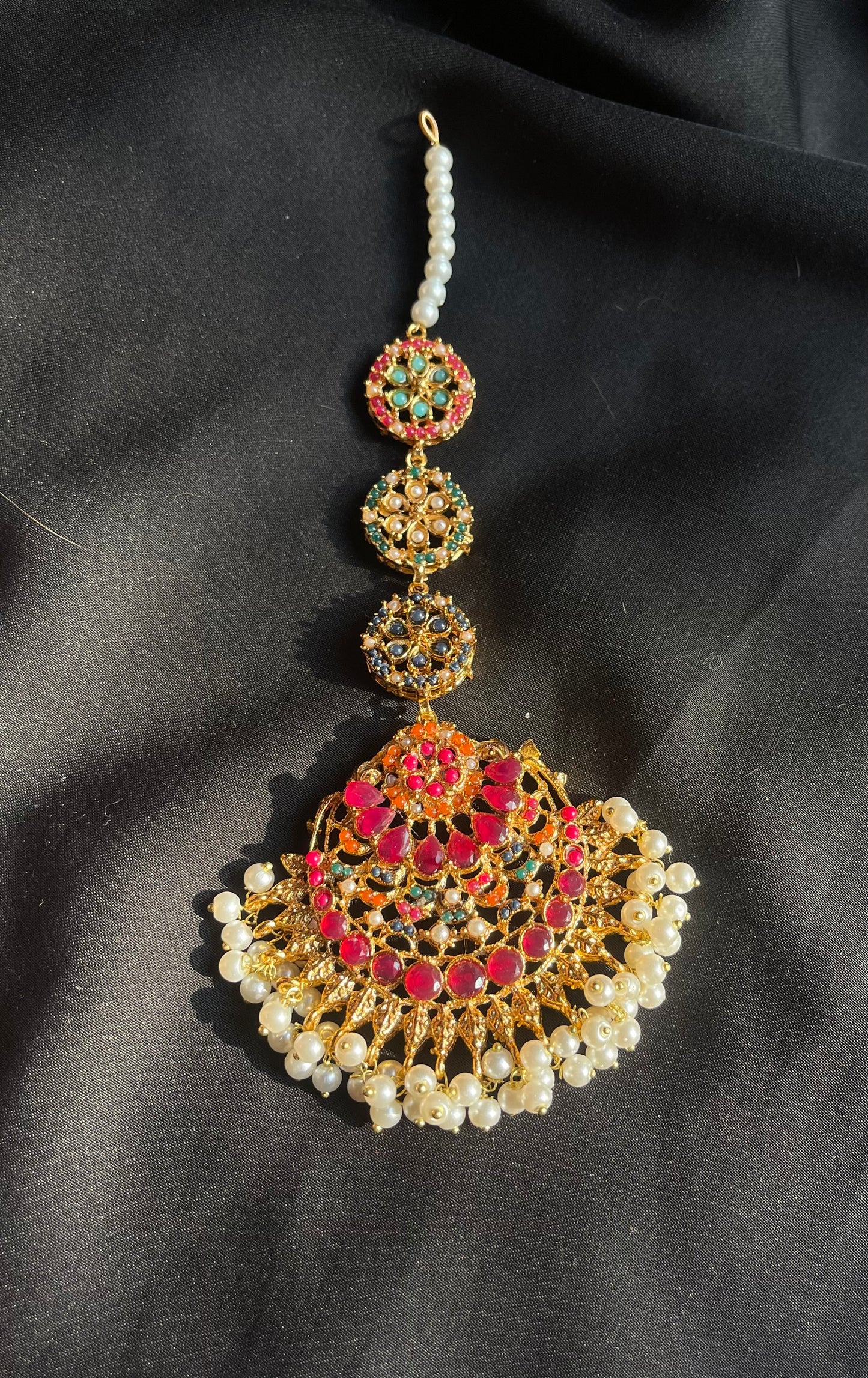Elysian Gold-Plated Bindiya – Green & Ruby Pink Stones with White Pearls