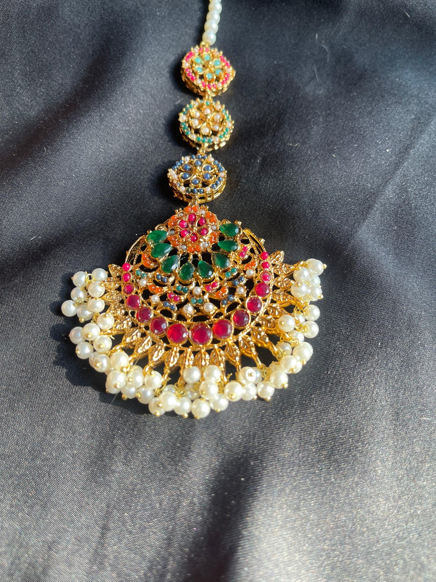 Elysian Gold-Plated Bindiya – Green & Ruby Pink Stones with White Pearls