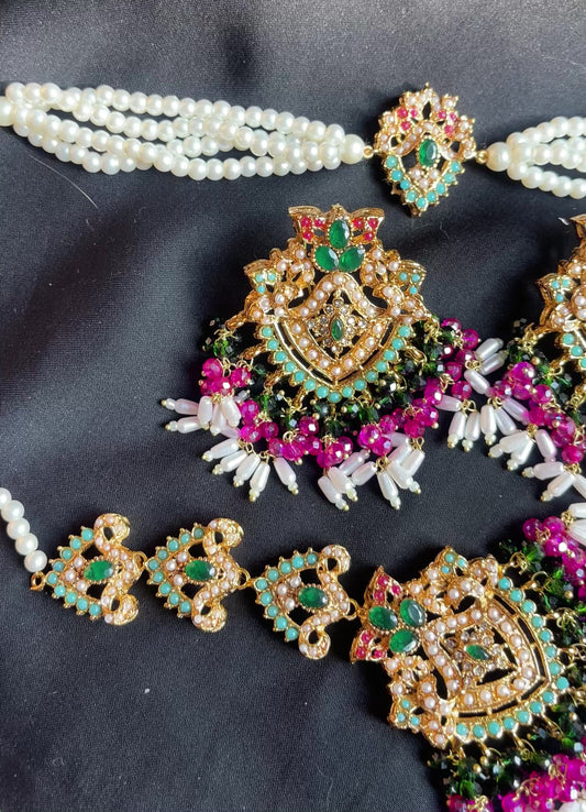 Nayara Gold-Plated Choker Set – Green & Turquoise Stones with Multicolor Pearls