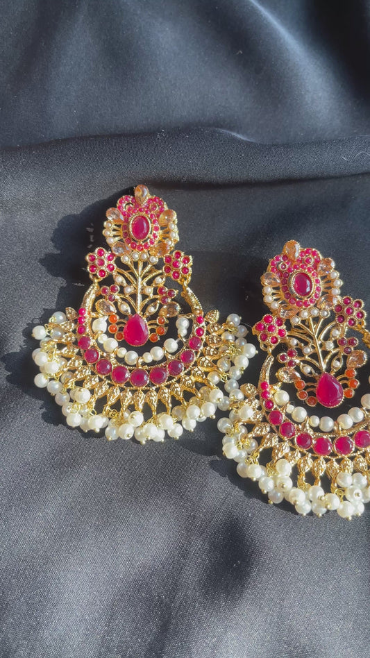 Elegant Embrace Gold-Plated Earrings – Ruby Pink & White Pearls