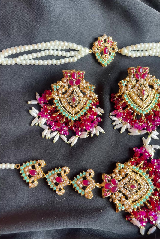 Saanvi Gold-Plated Choker Set – Pink & Ferozi Stones with Multicolor Pearls